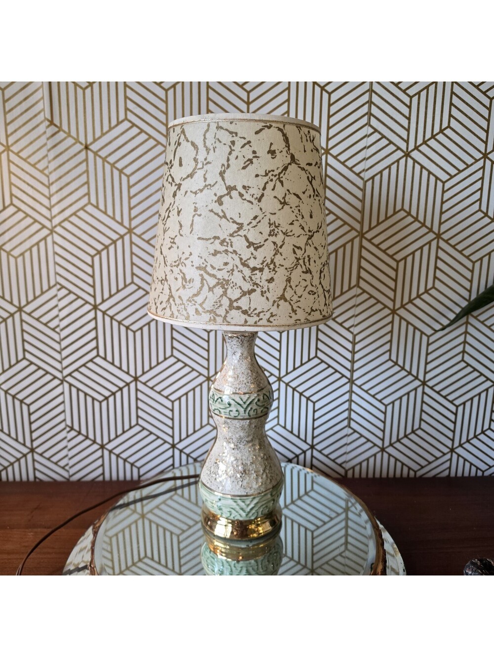 Vintage Midcentury White Green Gold Ceramic Accent Lamp Atomic Fiberglass Shade
